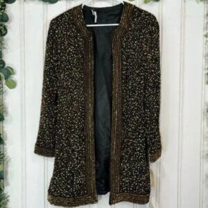 Niteline by Della Roufogali Evening Jacket SMALL Black Gold Silk Sequin Vintage